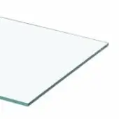 Clear glass sheet against white backdrop, rectangular shape with polished edge, transparent surface reflecting light, studio product shot.