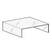 Acrylic cantilever table, transparent with diagonal striations, asymmetrical rectangular design, minimalist modern aesthetic, white background.