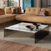 Distinguished Lago UpGlass coffee table built in glass with marble-patterned surfaces and a dark textured base