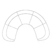 Curved modular sofa, gray fabric, six-segment semi-circle with rounded forms and a smooth matte finish, studio lighting.