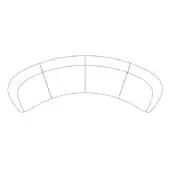 Curved sectional sofa line drawing, white background, three rounded segments, black seams, smooth form, curved armrests, technical illustration.