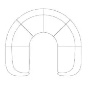 Curved modular seating diagram, black lines on white, horseshoe shape with recessed upholstered sections and grid construction.