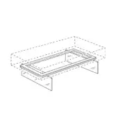 Platform bed line drawing, white background, rectangular frame with recessed mattress area, four legs with horizontal braces, minimalist design.