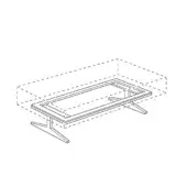 Minimalist table with metal legs, rectangular top, and corner notch, shown as a technical line drawing on a white background.