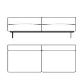 Two-section sofa line drawing, black on white, showing curved cushion detail in one view and a boxier, rectangular form in another.