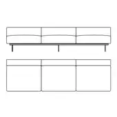 Modular sofa black and white line drawing, low profile rectangular sections with rounded edges, supported by thin dark metal legs.