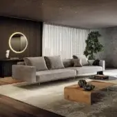Superior Lago Air sofa with a modular build and transparent tempered glass legs upholstered in grey textile