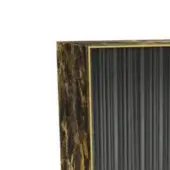 Console table, dark brown and gold textured surface, with gold brass frame and black ridged front panels, studio lighting.