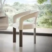 Sophisticated Reflex Volta armchair upholstered in creamy off-white textile with Oakwood Henné legs and shiny steel detail