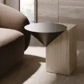 Innovative VENICEM Rock coffee table with cylindrical open pore striped travertine marble and conical dark burnished metal surface