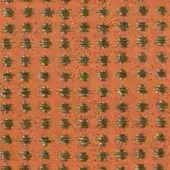 Textured fabric sample with repeating circular motifs in muted orange and bronze, featuring ribbed vertical ridges in a grid pattern.
