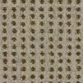 Floral fabric sample, muted gold and beige, repeating tufted pattern with textured weave and subtle shimmer.