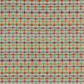 Woven textile swatch, beige and teal geometric pattern, horizontal square motifs, grid weave structure, tactile surface, contemporary design.