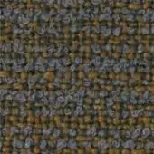 Brown and blue tweed fabric sample displaying a dense, woven texture with irregular loops and a nubby surface; warm ochre and grayish-blue tones.