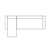 Sectional sofa line drawing, black and white, L-shape chaise lounge with minimalist design, straight lines, and no visible legs.