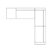 Corner desk configuration, black line drawing, three rectangular sections, 90-degree angle, drawer unit, white background, technical illustration.