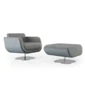 Exceptional Bizzotto Italia Plume swivel lounge chair with light bluish-gray leather and glossy chrome base in Azzurro Nordico finish