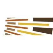 Abstract geometric composition of brown, rust, ochre, and gold trapezoids radiating from lower left on a white background.