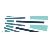 Abstract geometric composition of overlapping rectangles in navy, teal, and turquoise against a white background, creating a fragmented, dynamic pattern.