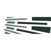 Geometric arrangement of muted green, blue, and teal rectangles layered diagonally on a white background, creating a modern abstract composition.