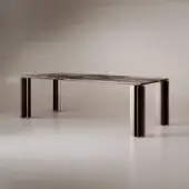 Distinctive VENICEM Serge table with round open pore striped travertine marble and dark bronze striped metal legs