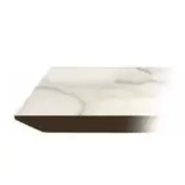 Marble table top with grey veining and cream base, featuring a dark brown bronze edge and smooth matte finish.