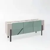 Distinguished Bizzotto Italia Amulet sideboard with muted green body, marble-effect top and matte beige panels built with dark metal legs