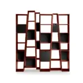 Harmonious 4 Mariani Beat bookcase built in medium-toned brown wood veneer with black saddle leather holders and varying modules