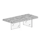 Live-edge wood table with brushed silver metal box supports, featuring a planked top and swirling grain pattern on a white background.
