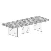 Rectangular table, wood grain tabletop, three legs in a black and white line drawing, minimalist design, plain white background.