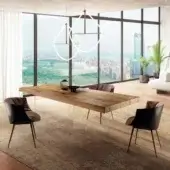 Exceptional Lago Air table crafted in Wildwood oak with rustic finish and clear tempered-glass supports