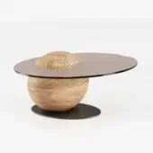 Distinguished Bizzotto Italia Pluff coffee table with reclaimed burl wood base and subtly tinted glass surface