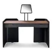 Distinguished 4 Mariani Jean Marie vanity crafted in dark saddle leather with a smooth medium-tone brown wooden top and horizontal handles