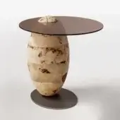 Exceptional Bizzotto Italia Pluff side table with light-toned burl wood base and sleek dark glass tabletop built with a matte metal oval
