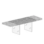 Dining table black and white line drawing, wood plank tabletop with visible grain, metal fasteners, angled legs with textured facets, minimalist design.