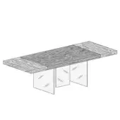 Live-edge wood table with geometric dark gray metal base, featuring three rectangular columns and a light gray planked tabletop.