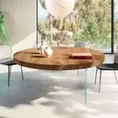 Exceptional Lago Air round table with warm brown Wildwood oak top and clear tempered-glass legs in matte finish