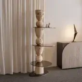 Distinguished Bizzotto Italia Pluff Totem side table crafted in briarwood with dark-tinted glass shelves and a repurposed wood base