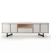 Elegant 4 Mariani Moore sideboard with matte white cabinet, warm wood edges and ribbed detailing throughout