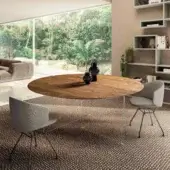 Distinguished Lago Air Slim round table with a light brown wood-grain tabletop and transparent tempered-glass supports with a sleek matte finish