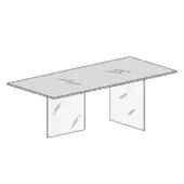 Rectangular table with light gray stone tabletop and transparent acrylic legs, featuring subtle diagonal scratches and minimalist design.