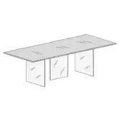 Rectangular table with gray polished stone tabletop and three supporting columns, featuring a linear grain pattern and minimalist design.