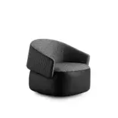 Distinctive 4 Mariani Twibe lounge chair upholstered in textured gray textile with vertical stitching and black cylindrical base