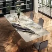 Superior Lago Air Slim table with glossy marbled top in white, grey, black and gold veining, built with transparent tempered-glass legs
