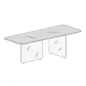 Glass dining table, light gray, rectangular with clear acrylic trapezoid legs and etched diagonal lines, minimalist modern design.