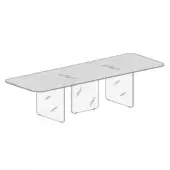 Rectangular table with light gray tabletop, curved dark gray metal legs, rounded edges, and subtle diagonal texture on a white background.
