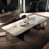 Distinguished Lago Air Soft table with shaped tempered-glass legs and faux marble top in white, beige, and brown tones