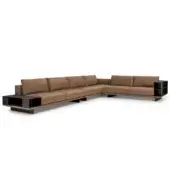 Exceptional 4 Mariani Asso sectional with smooth tan textile upholstery and integrated dark brown shelving