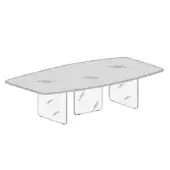 Conference table, light gray stone composite, rounded rectangle with brushed silver metal legs and etched linear detail.