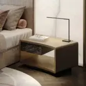 Exceptional Reflex Space nightstand with shaped wooden structure in metallic golden-brown and dark brown Marble glass drawer front